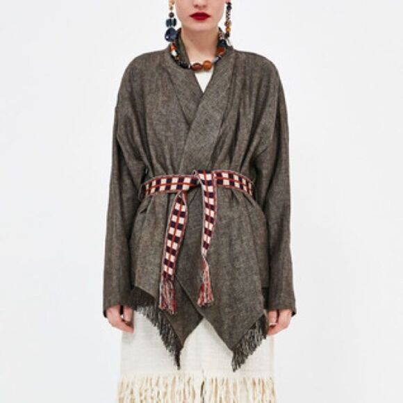 ZARA Boho Linen Wrap Cardigan Blazer Jacket Brown XS/S - Picture 4 of 14